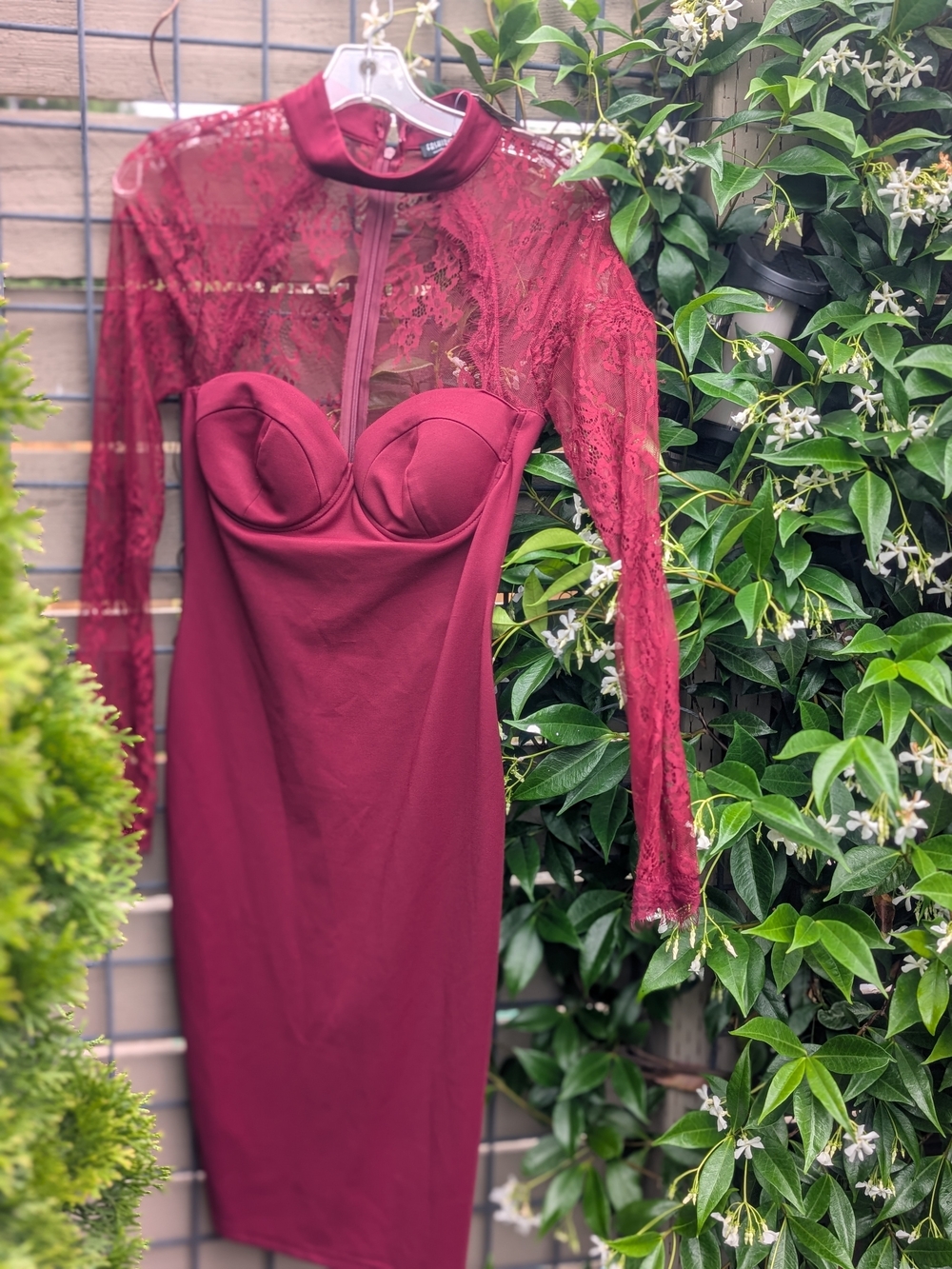 Fashion Nova Burgundy Lace Long-Sleeve Bodycon Dress